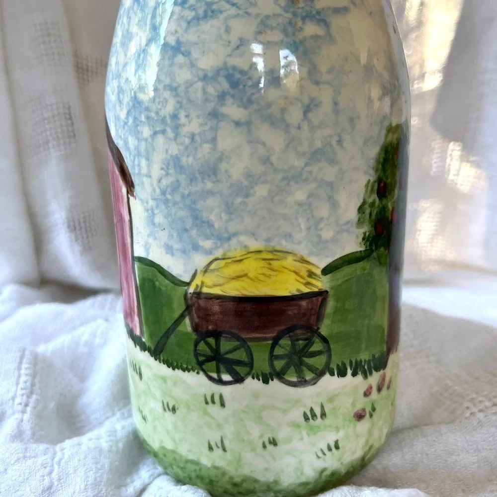 Vintage 80s Hand Painted Ceramic Milk Bottle Vase Cottage Country Barn Folk Art